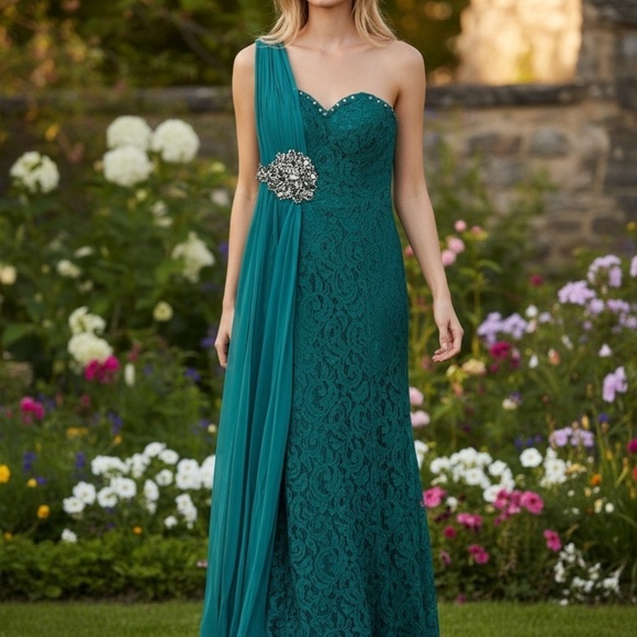 Dresses & Skirts - Elegant Teal Lace Evening Gown
